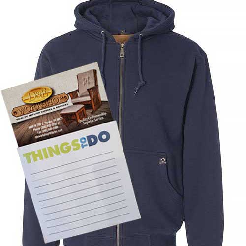 A branded checklist and sweatshirt